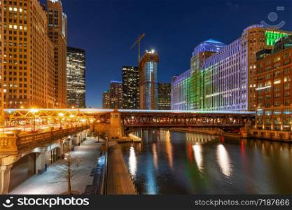 The Chicago riverwalk cityscape river side, USA downtown skyline, Architecture and building with tourist concept