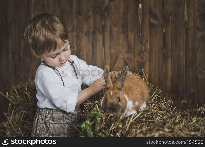 The child pats the red-haired rabbit.. Portrait of a child in a white shirt trousers and suspenders 6061.