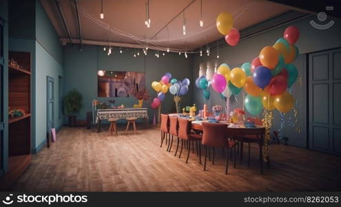 The children room is decorated for the celebration of the birthday, colorful balloons, ribbons. AI generated. Room in dark colors, illuminated by the sun.. The children room is decorated for the celebration of the birthday, colorful balloons, ribbons. AI generated.