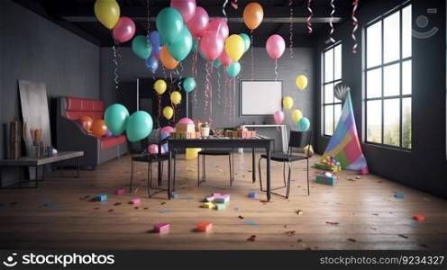 The children room is decorated for the celebration of the birthday, colorful balloons, ribbons. AI generated. Room in dark colors, illuminated by the sun.. The children room is decorated for the celebration of the birthday, colorful balloons, ribbons. AI generated.