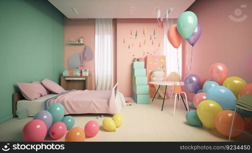 The children room is decorated for the celebration of the birthday, colorful balloons, ribbons. AI generated. The room is in pink, blue and green tones, illuminated by the sun.. The children room is decorated for the celebration of the birthday, colorful balloons, ribbons. AI generated.