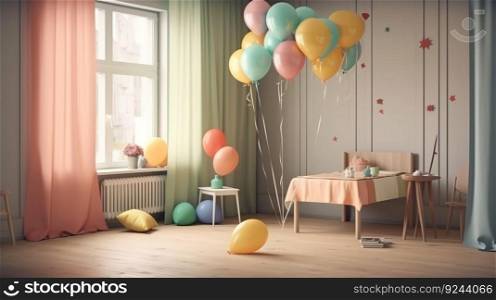 The children room is decorated for the celebration of the birthday, colorful balloons, ribbons. AI generated. The room is in pink, blue and green tones, illuminated by the sun.. The children room is decorated for the celebration of the birthday, colorful balloons, ribbons. AI generated.