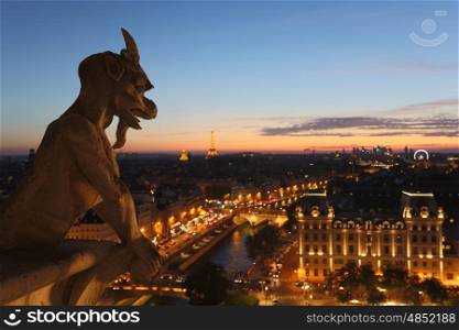 The Chimeras of Notre Dame watching the sunset in Paris