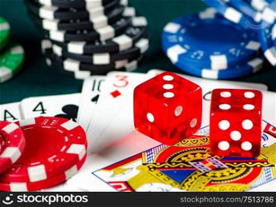 The chips and cards on casino table. Chips and cards on casino table