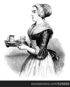 The Chocolatiere by Liotard, vintage engraved illustration. Magasin Pittoresque 1846.