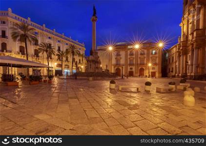 The church and square of St. Dominic in the night lighting. Palermo. Sicily. Italy.. Palermo. Church of St. Dominic at dawn.