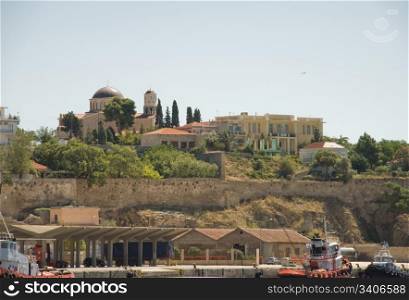 The church and the fortress viewe in Kavala, Greece