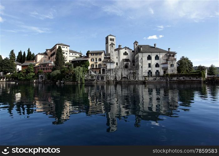 The church of Isola San Giulio in the Ortasee outside of the Fishingvillage of Orta on the Lake Orta in the Lombardia in north Italy. . EUROPE ITALY LOMBARDIA