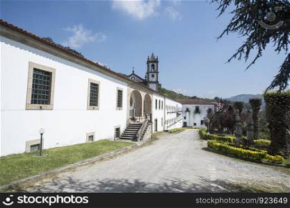 the Church of Mosteiro do Alpendurada with the landscape at the Douro river at the town of Alpendurada, east of Porto in Portugal in Europe. Portugal, Regua, April, 2019. EUROPE PORTUGAL DOURO MONASTERY