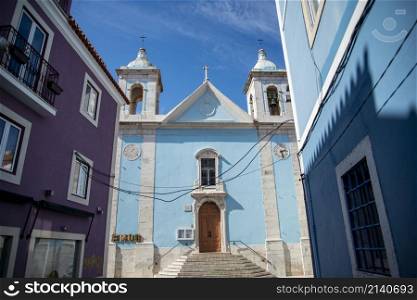 the Church or Igreja in the centre of the Town Cacilhas at the Rio Tejo next to the City of Lisbon in Portugal. Portugal, Lisbon, October, 2021