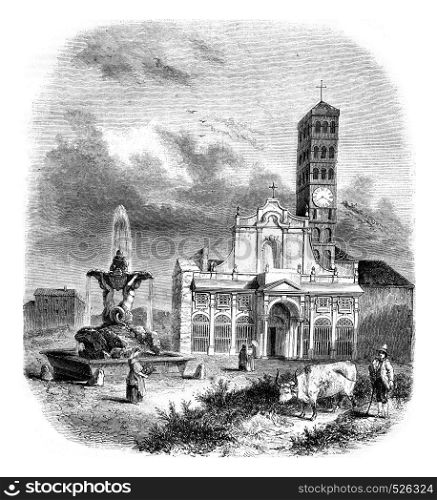 The church Santa Maria in Cosmedin, in Rome, vintage engraved illustration. Magasin Pittoresque 1846.