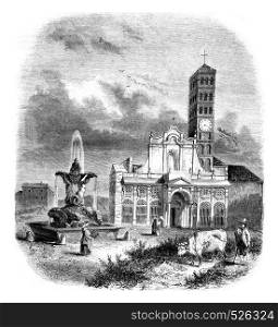 The church Santa Maria in Cosmedin, in Rome, vintage engraved illustration. Magasin Pittoresque 1846.
