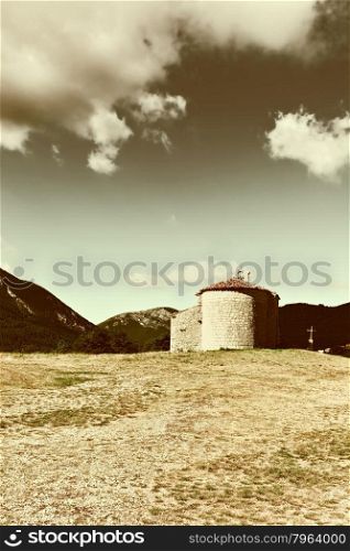 The Church Surrounded by Fields in the French Alps, Vintage Style Toned Picture