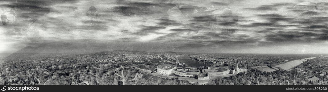 The Citadel and Budapest skyline. Panoramic aerial view of Hungarian Capital at sunset