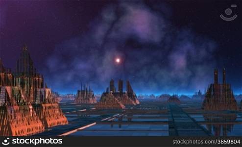 The city consisting of pyramids, costs in water. The horizon is shrouded in a blue fog. In the night star sky two fly bright stars (UFO), nebula flicker.