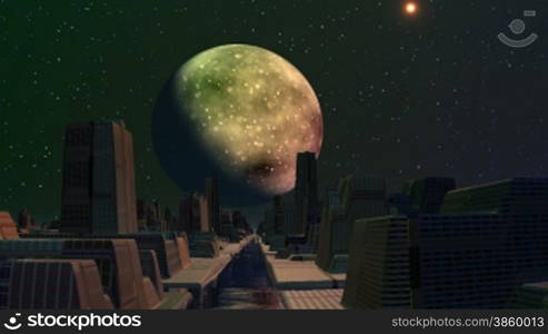 The city consists of strange buildings, equal streets and channels. Over the city huge planet (moon). On the night star sky the bright flickering object (UFO) flies.