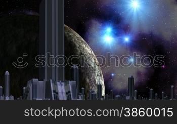 The city from high towers costs against a huge planet. In the night sky bright blue stars, nebulas. The bright red object (UFO) quickly flies changing a trajectory.