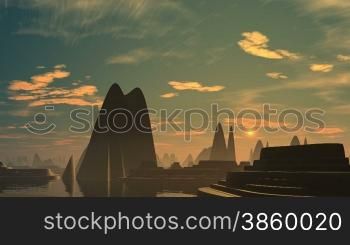 The city from pyramids and ziggurats costs among water. Over the horizon the bright being shone object (the sun, UFO) rises. In the morning sky clouds slowly float. The horizon in a fog.