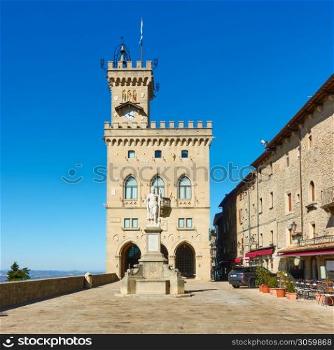 The City hall of San Marino (Palazzo Pubblico) on Piazza della Liberta square, The Republic of San Marino