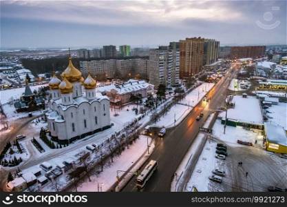 The city of Zhukovsky from a bird’s eye view on a cloudy winter evening, Russia.