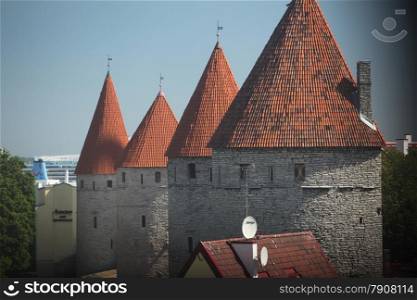 the City wall of the old city of Tallinn in Estonia in the Baltic countrys in Europe.. EUROPE ESTONIA TALLINN