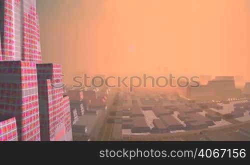 The city with tall buildings is covered in thick pink fog. It slowly dissipates and a large planet appears in the starry sky. Slowly floating clouds. A bright light illuminates the city.