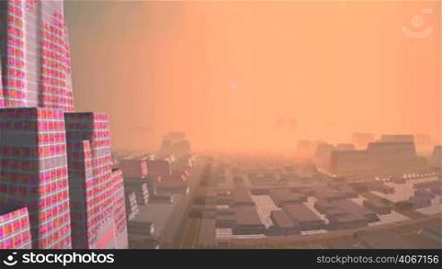 The city with tall buildings is covered in thick pink fog. It slowly dissipates and a large planet appears in the starry sky. Slowly floating clouds. A bright light illuminates the city.