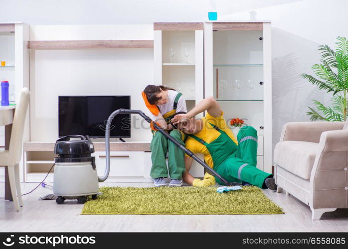 The cleaning professional contractors working at house. Cleaning professional contractors working at house