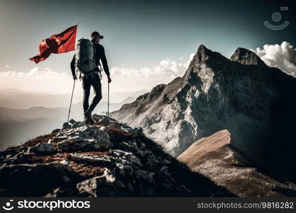 The climber ascends to the top of the mountain with a flag. Illustrations AI generator