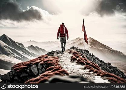 The climber ascends to the top of the mountain with a flag. Illustrations AI generator