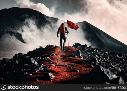 The climber ascends to the top of the mountain with a flag. Illustrations AI generator