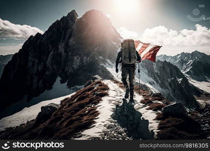 The climber ascends to the top of the mountain with a flag. Illustrations AI generator