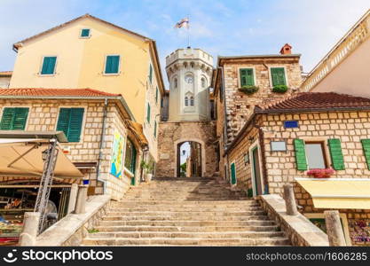 The clock-tower and the gate to the Old town of Herceg Novi, Montenegro.