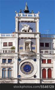 The Clock Tower in San Marco&rsquo;s square, Venice, Italy. The two huge bronze figures on top are The Moors, which strike the hours, while below them is the Lion of St Marks, the city-state&rsquo;s emblem. The clock dates from the 15th century