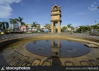 the clock tower in the citysquare of the city Amnat Charoen in the Provinz Amnat Charoen in the northwest of Ubon Ratchathani in the Region of Isan in Northeast Thailand in Thailand.&#xA;