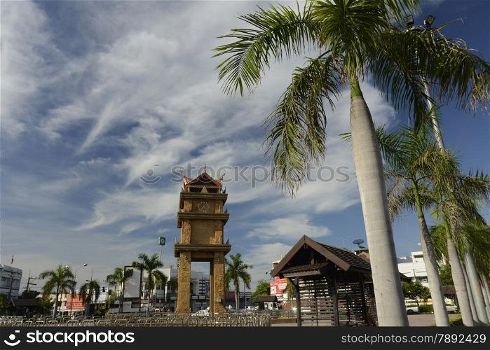 the clock tower in the citysquare of the city Amnat Charoen in the Provinz Amnat Charoen in the northwest of Ubon Ratchathani in the Region of Isan in Northeast Thailand in Thailand.&#xA;
