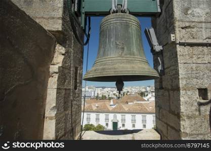 the clock tower of the Cathedral in the old town of Faro at the east Algarve in the south of Portugal in Europe.. EUROPE PORTUGAL ALGARVE FARO CATHEDRAL