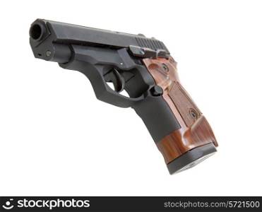 The close up of a pistol and Ruff for weapon cleaningis isolated on a white background