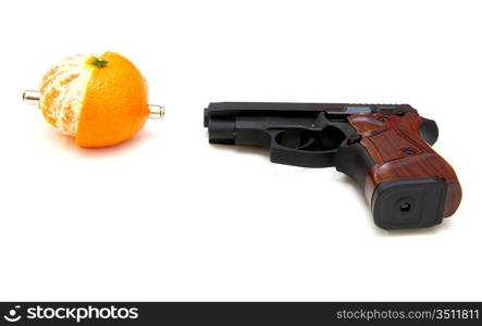 The close up of a pistol Rakes a tangerine is isolated on a white background
