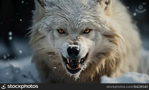 The close-up view of its face reveals its piercing eyes and bared teeth, exuding a primal energy that sends shivers down the spine. The wolf is surrounded by a snowy landscape, with the ethereal presence of fog and mist adding an air of mystery and intrigue to the scene. It’s a breathtaking glimpse into the untamed beauty of nature’s wilderness.