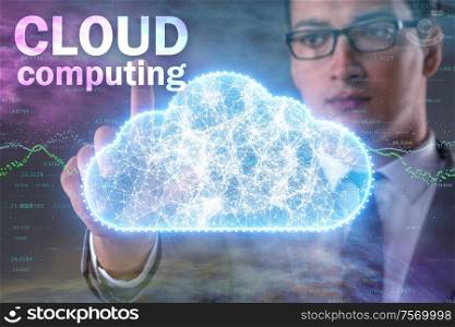 The cloud computing concept with woman pressing buttons. Cloud computing concept with woman pressing buttons