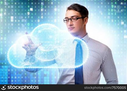 The cloud computing concept with woman pressing buttons. Cloud computing concept with woman pressing buttons