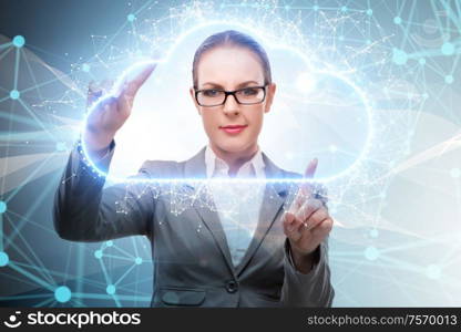 The cloud computing concept with woman pressing buttons. Cloud computing concept with woman pressing buttons