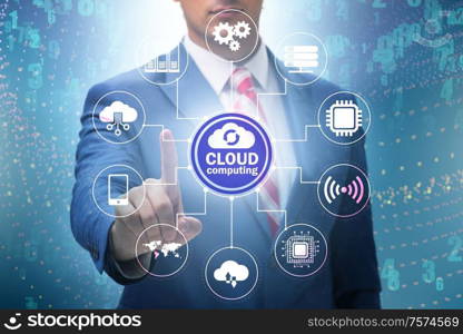 The cloud computing concept with woman pressing buttons. Cloud computing concept with woman pressing buttons