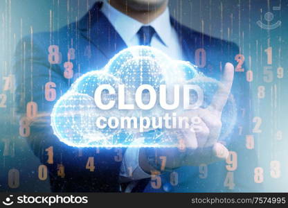 The cloud computing concept with woman pressing buttons. Cloud computing concept with woman pressing buttons