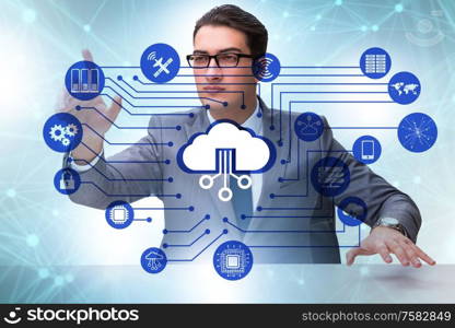 The cloud computing concept with woman pressing buttons. Cloud computing concept with woman pressing buttons