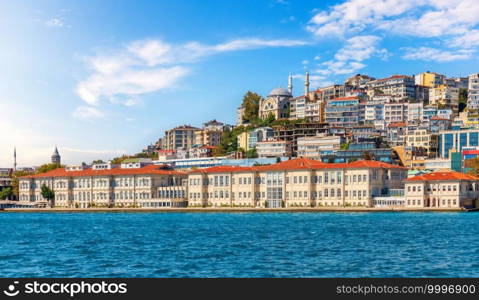 The coast of Istanbul with Cihangir Mosque, Bosphorus, Turkey.