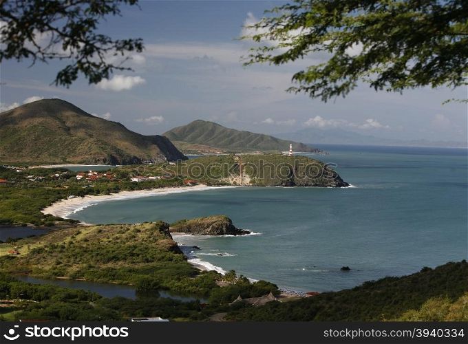 the Coast with the beach Playa Pedro Gonzalez in the town of Pedro Gonzalaz on the Isla Margarita in the caribbean sea of Venezuela.. SOUTH AMERICA VENEZUELA ISLA MARGATITA PEDRO GONZALEZ BEACH