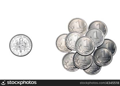 The coin American and is a lot of coins Russian. It is possible to put equal-signs or inequalities