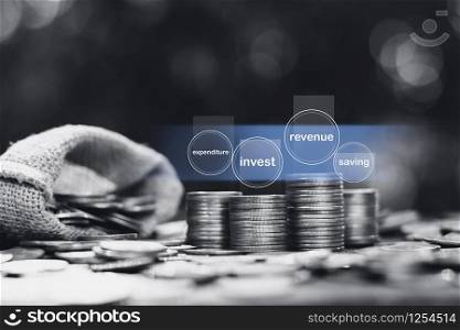 The coins are arranged together with the sun shining, Four aspects of money concepts, black and white tone.